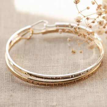 Love You To The Moon And Back Slim Brass Bangle Gift For Her, 3 of 12