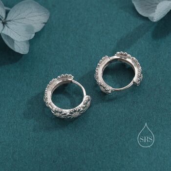 Sterling Silver Daisy Flower Chain Huggie Hoop Earrings, 4 of 10