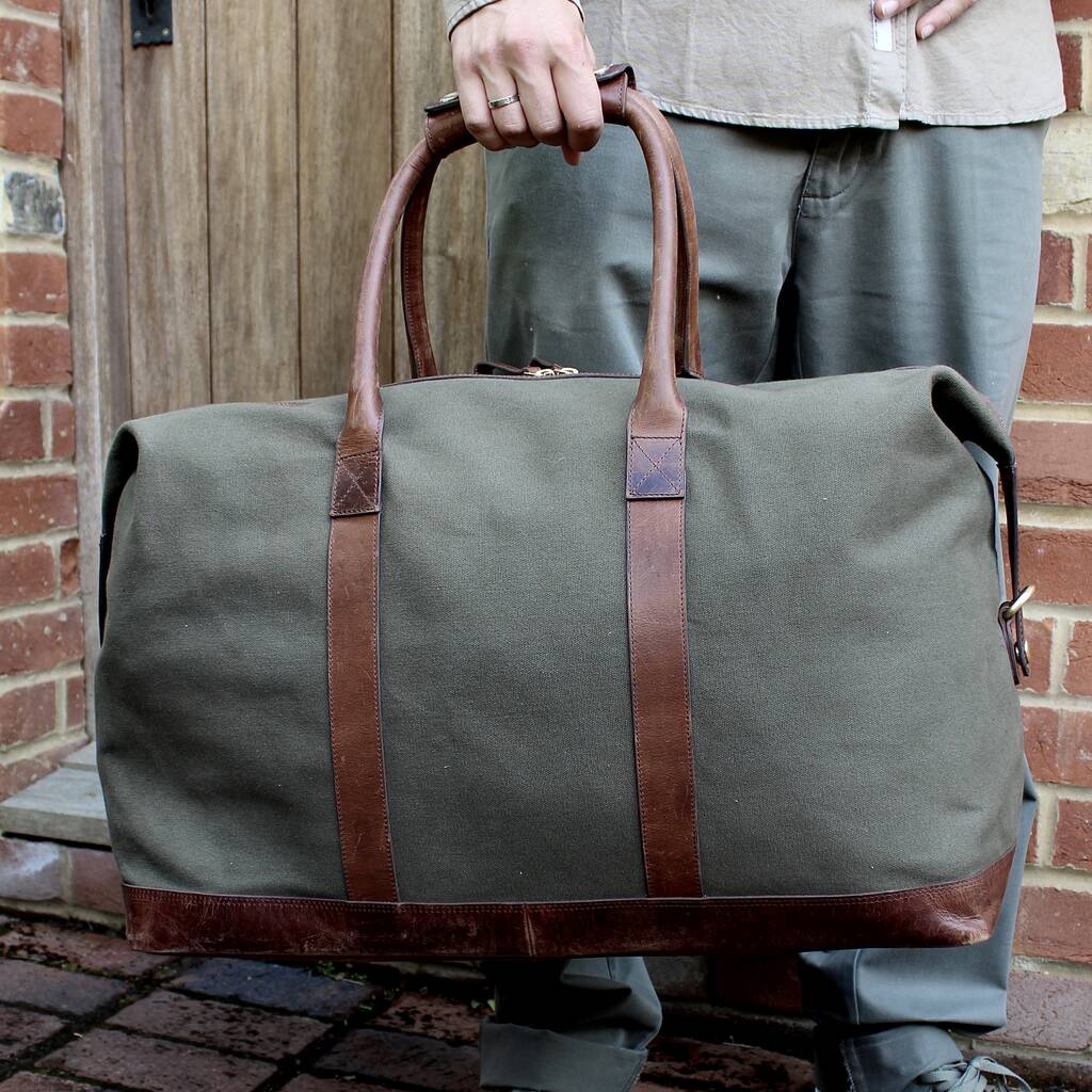 Olive Green Canvas Weekend Holdall With Leather Trim, 1 of 8