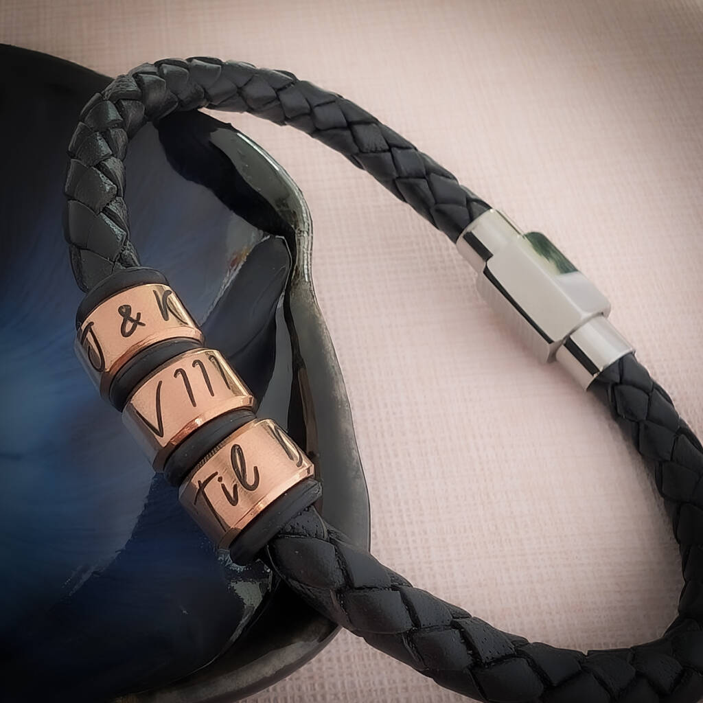 Personalised Braided Leather Bracelet With Engraved Rings – Christmas Gifts For Men, 1 of 9