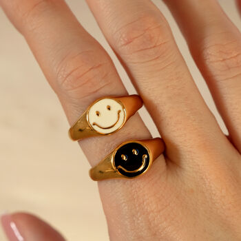 Signet Ring With Black Happy Smile Face, Gold Plated, 2 of 5