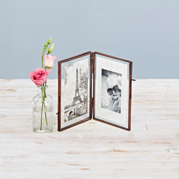 Antique Brass Recycled Glass Folded Double Photo Frame, 9 of 12