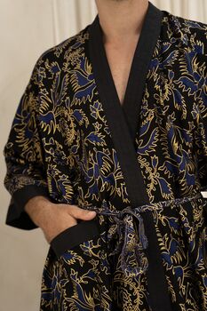 Men's Navy And Gold Batik Kimono Robe, 8 of 8