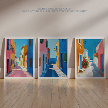 Set Three Wall Art Prints Colourful Village Sea Greek, 7 of 7