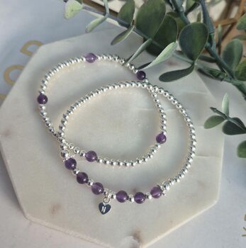 Sterling Silver February Amethyst Personalised Heart Bracelet Set Of Two Stacking Bracelets: February Birthstone Stacking Jewellery, 5 of 5