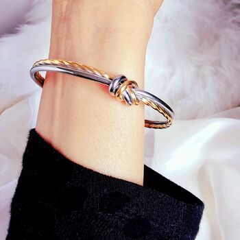 Tarnish Free Two Tone Knot Bangle – Open Cuff Rope Bracelet In Gold, Silver, Or Two Tone Metal | Meaningful Gift, Modern Minimalist Jewellery, 5 of 5