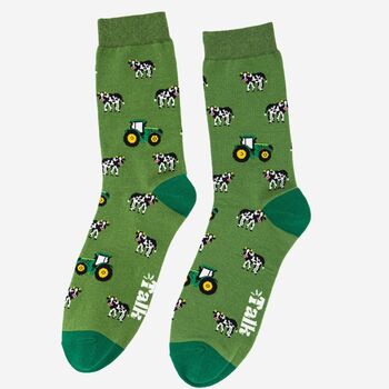 Men's Bamboo Socks Green Tractor And Cows, 3 of 6