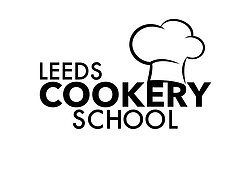 Leeds cookery School Text in caps with a chefs hat located in the top right. All text and art in black on a white background