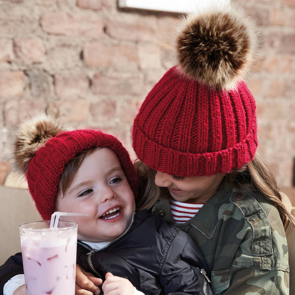 Kids Chunky Fur Pom Pom Beanie Hat By 