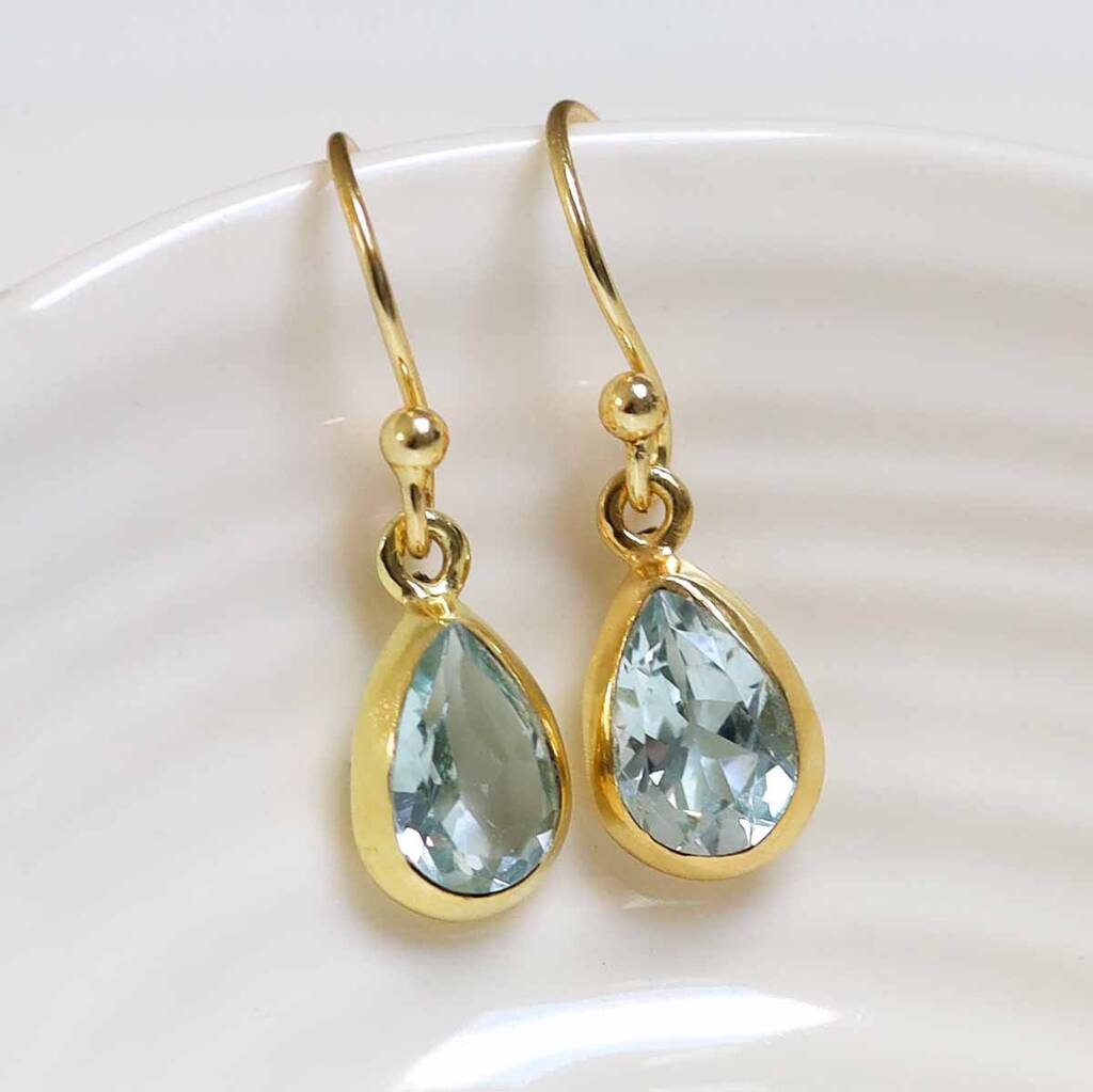 Gold Plated Blue Topaz Teardrop Earrings, 1 of 6
