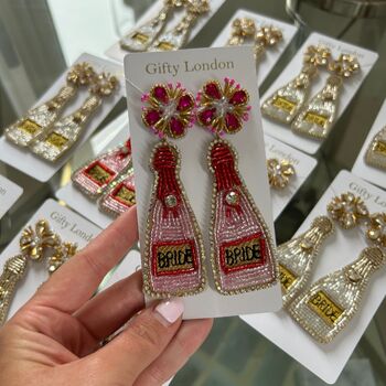 White Champagne Bottle Bride To Be Embellished Hen Party Earrings, 2 of 3