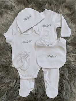 Newborn Five Piece Embroidered Baby Gift Set, 5 of 8