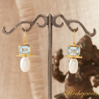 Blue Topaz And White Pearl Statement Gold And Silver Drop Earrings, 6 of 9