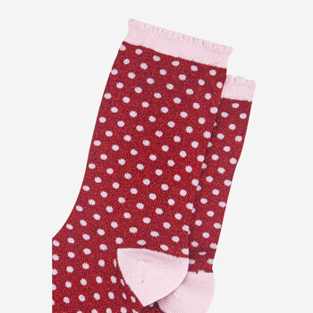Women's Glitter Socks Red Pink Small Polka Dots, 3 of 3