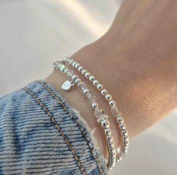 Sterling Silver April Crystal Personalised Heart Bracelet Set Of Two Stacking Bracelets: April Birthstone Stacking Jewellery, 4 of 6