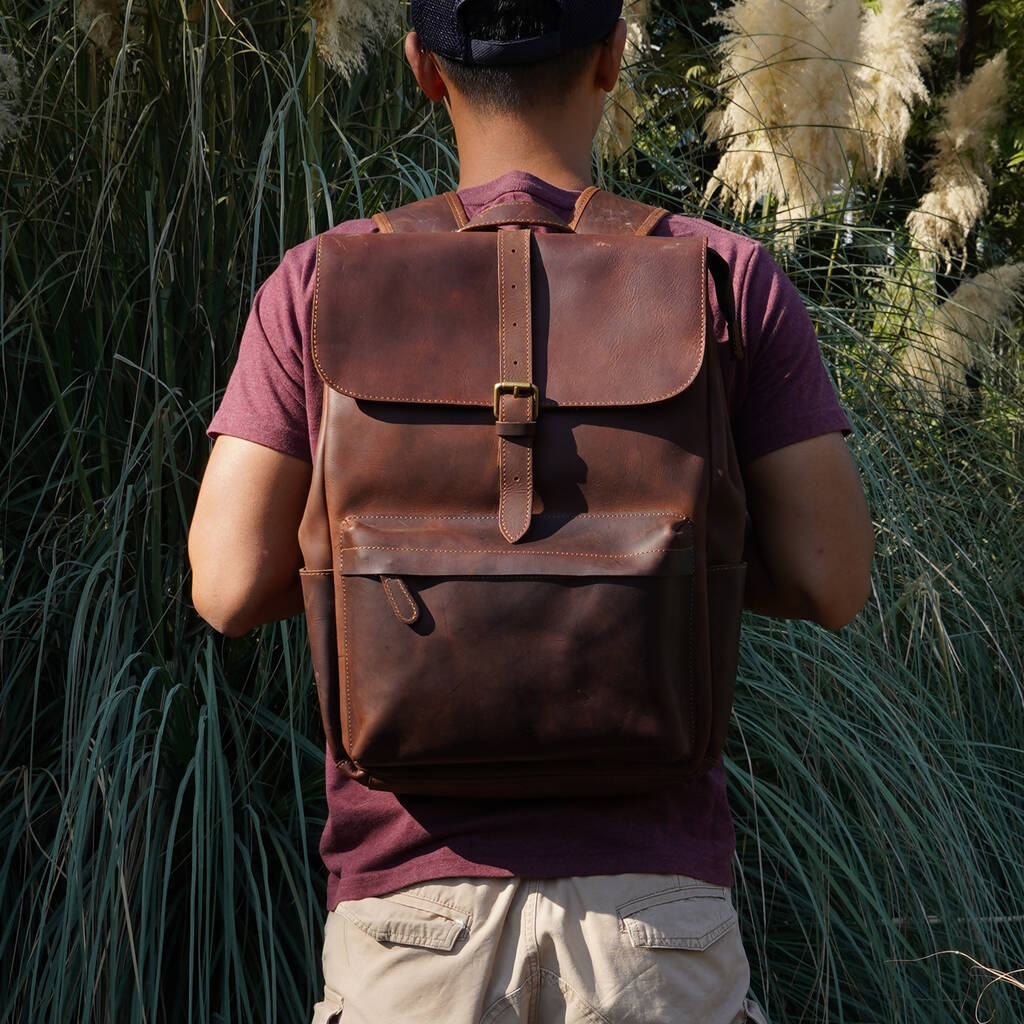 Vintage Look Leather Backpack With Front Pocket By EAZO ...