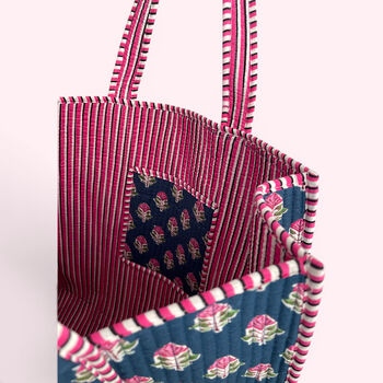 Blue And Pink Ditsy Floral Quilted Cotton Tote Bag, 4 of 6