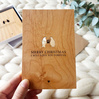 Personalised Christmas Penguin Love Wooden Card, 5 of 8