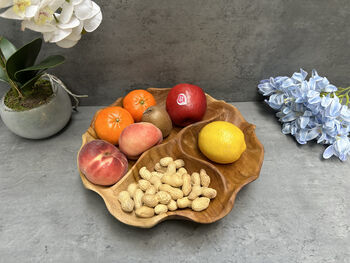 30cm Handcrafted Teak Wooden Triple Fruit Nuts Bowl, 2 of 12