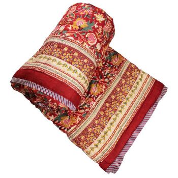 Deep Red, Green And Mustard Floral Indian Block Printed Cotton Bed Quilt, 5 of 9