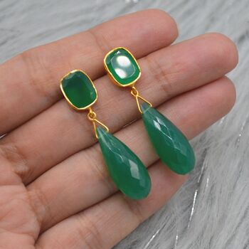 Green Onyx Gold Plated Sterling Silver Drop Earrings, 7 of 9