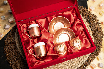 Turkish Copper Coffee Cup Set With Plates And Lids – Handmade Six Piece Gift For Two, 10 of 10