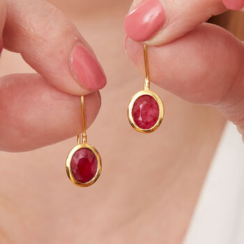 Ruby Oval Short Drop Gold Plated Silver Earrings, 5 of 11