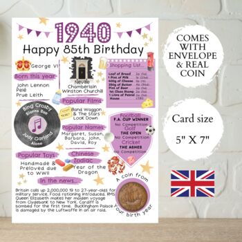 85th Birthday Card With 1940 Coin And Envelope Choose Your Colour, 3 of 3