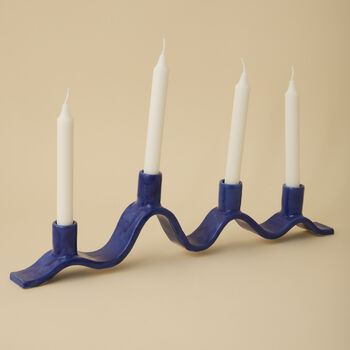 Handmade Blue Wavy Ceramic Candelabra For Four Candles, 3 of 9