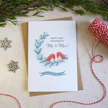 Mistletoe Robins First Married Christmas Card, 6 of 9