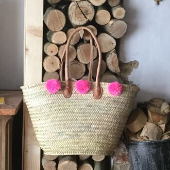 Personalised Large Shopping Basket Bag With Pom Poms, 2 of 9
