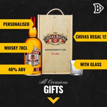 Personalised Chivas Regal 12 Year Scotch Whiskey Gift Set In Wooden Box With Glass 40% Abv, 2 of 5