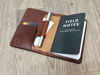 Personalised A6 Leather Pocket Journal, Refillable Notebook, Spanish Brown, 2 of 12