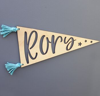 Personalised Wooden Name Pennant Flag With Tassles, 2 of 4