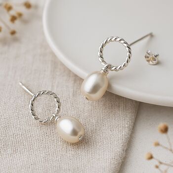 Sterling Silver Pearl Drop Rope Hoop Earrings, 2 of 6