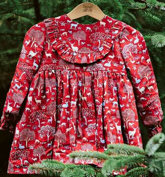 Girls Red Woodland Christmas Dress, 2 of 3