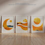 Set Three Wall Art Prints A4 Sun And Moon Amber Gold Modern, thumbnail 6 of 7