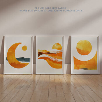 Set Three Wall Art Prints A4 Sun And Moon Amber Gold Modern, 6 of 7