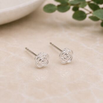Sterling Silver Rose Flower Stud Earrings, 5 of 11