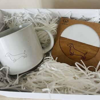 Dachshund Gift Box With Tea/ Coffee Mug And Engraved Wood And Marble Coaster Presented In A Gift Box, 4 of 7