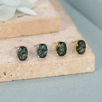Sterling Silver Moss Agate 5x7mm Oval Stud Earrings, 4 of 12