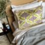 Modern, Oblong, Velvet, Ikat, Cushion With Cream Silk Tassels Blue, Yellow, Burgundy And Cream Abstract Design, thumbnail 5 of 8