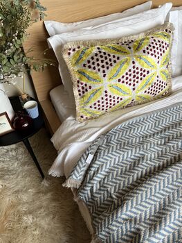 Modern, Oblong, Velvet, Ikat, Cushion With Cream Silk Tassels Blue, Yellow, Burgundy And Cream Abstract Design, 5 of 8