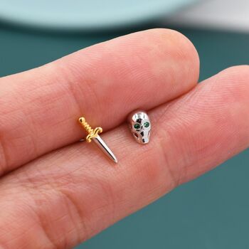 Mismatched Tiny Skull And Sword Stud Earrings In Sterling Silver, 3 of 8