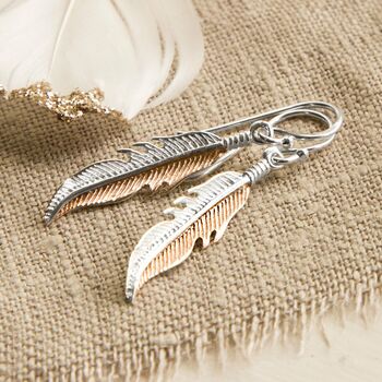 Sterling Silver And Rose Gold Dangly Feather Earrings, 3 of 4