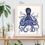Blue Octopus Print, Nautical Art Print, thumbnail 2 of 8