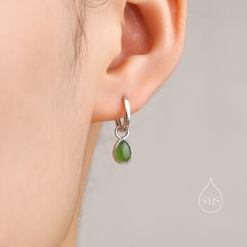 Sterling Silver Dangling Jade Droplet Hoop Earrings, 5 of 9