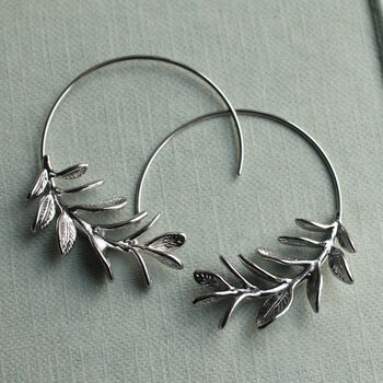 Botanical Leaf Silver Hoop Earrings, 3 of 11