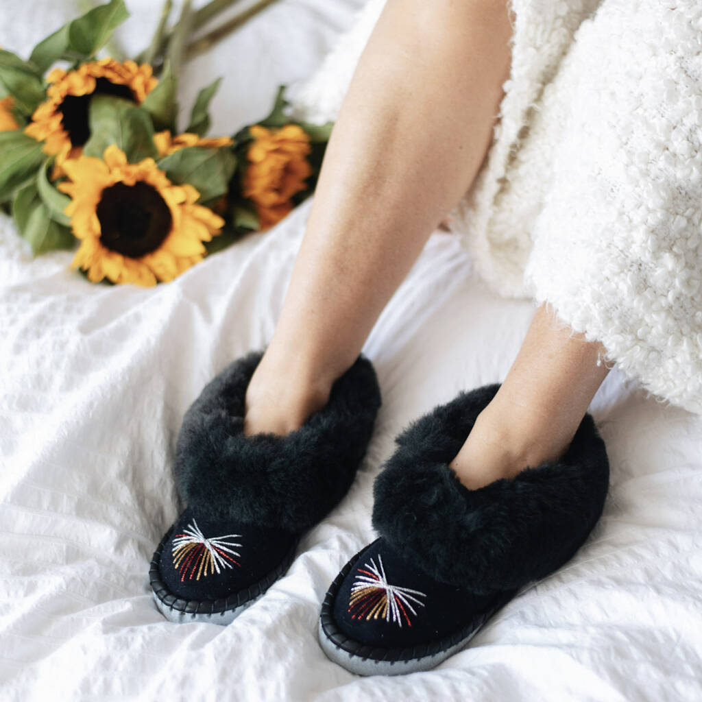 navy sheepskin slippers