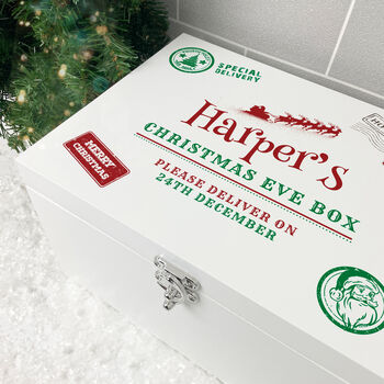 Personalised White Wooden North Pole Postal Stamp Christmas Eve Box Three Sizes 22cm | 27cm | 30cm, 3 of 7